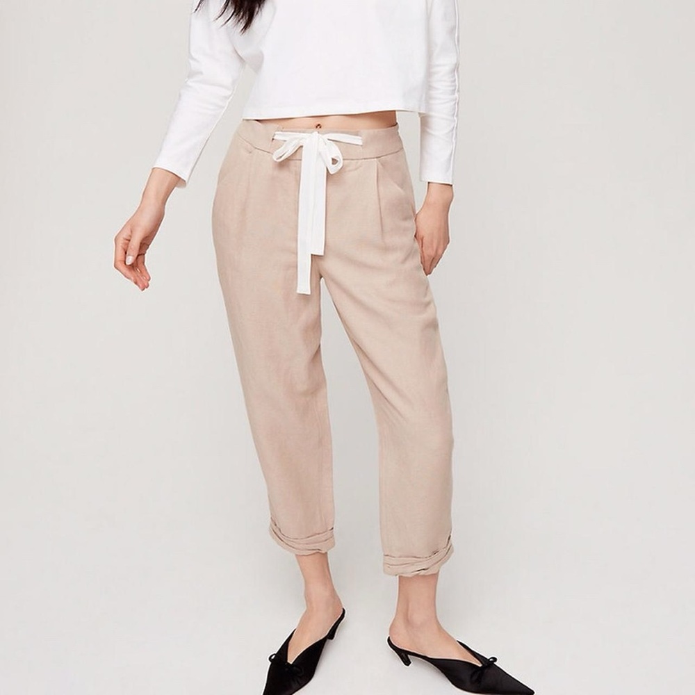 ARITZIA WILFRED Allant Ankle Pants Linen Sand Beige Drawstring Size 0